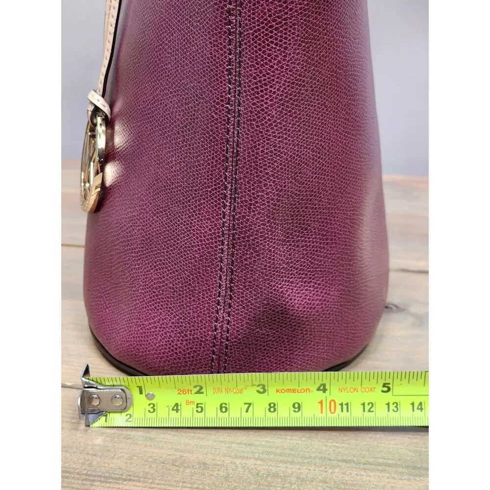 Michael Kors Burgundy Tote Shoulder Bag Gold Hardware Logo Charm Beige Straps